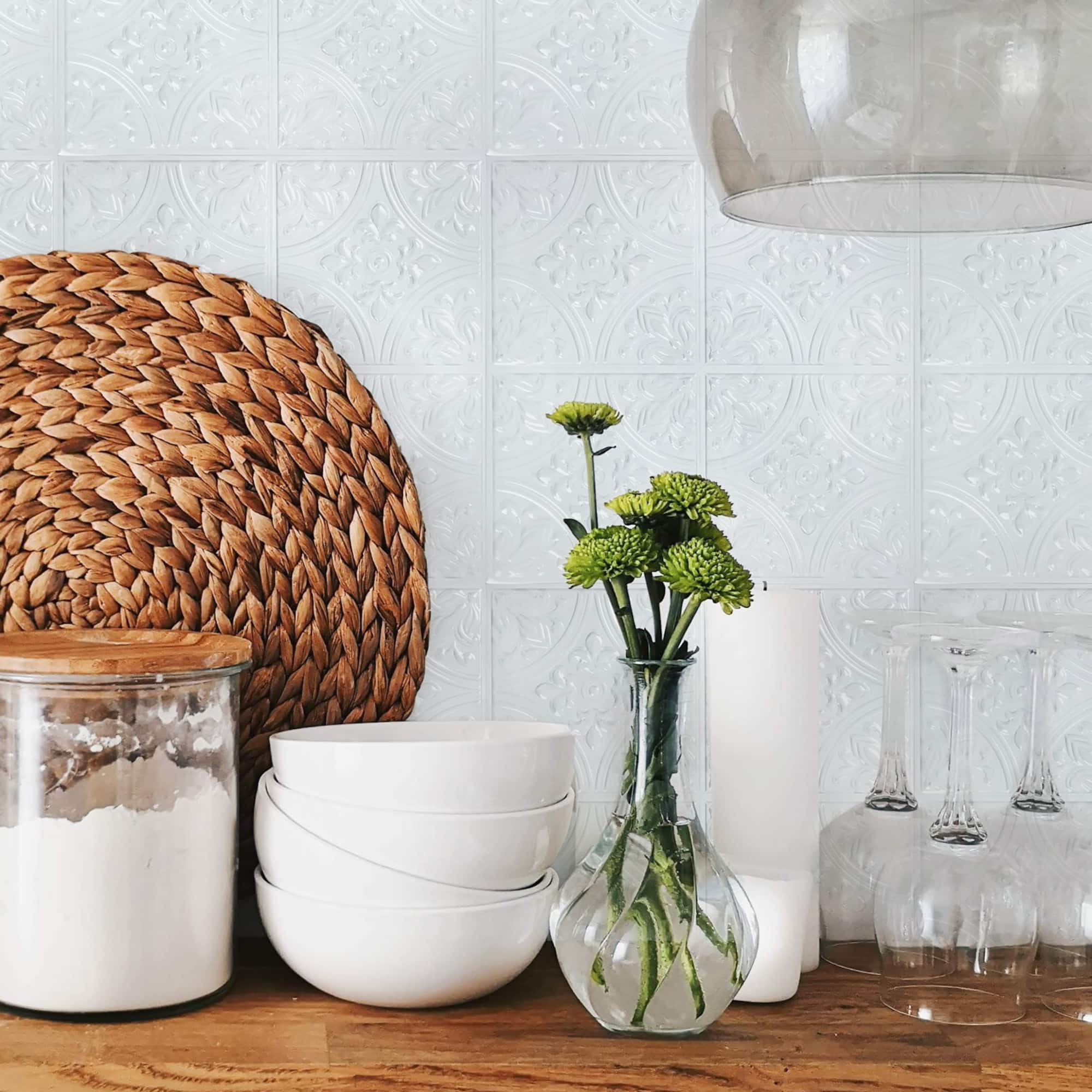 RoomMates Bright White Tin Tile Peel & Stick Backsplash